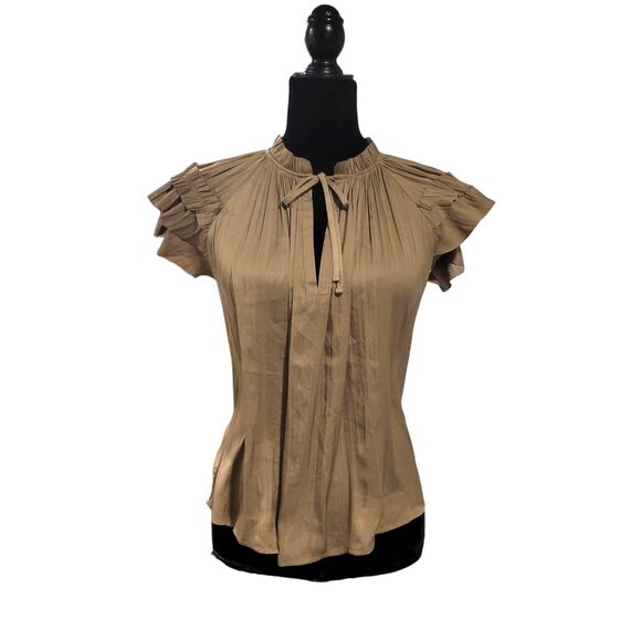 Evereve Tan Metallic Silky Flutter Sleeve Blouse with Mandarin Collar Size XS - Picture 1 of 8